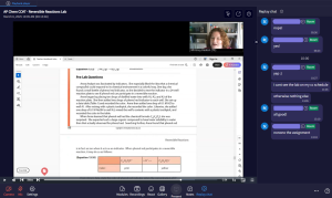 Students viewing the class recording, known as playback rooms in Engageli, watch science teacher Whitney Keaton's overview of a lab procedure along with a live replay of the class chat.
