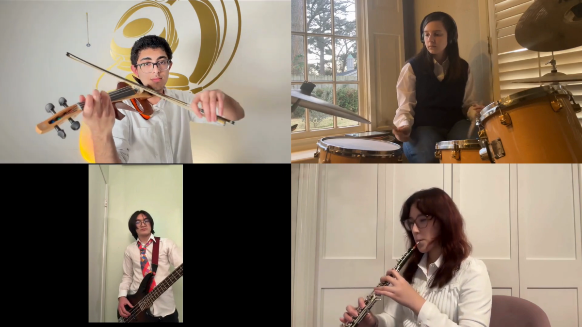 Instrumentalists Nikhil N. (top left), Elizabeth N. (top right), Dominic F. (bottom left), and Audrey B. (bottom right) perform a cover of "Fly Me to the Moon" by Frank Sinatra.